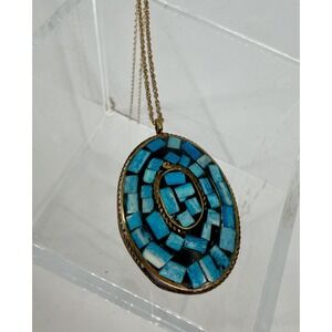 Vintage Brass & Inlay Turquoise Oval Shaped Statement Pendant & Chain
